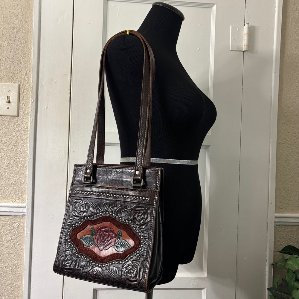 American West Leather Hand Tooled Silver Studded Red Rose Design